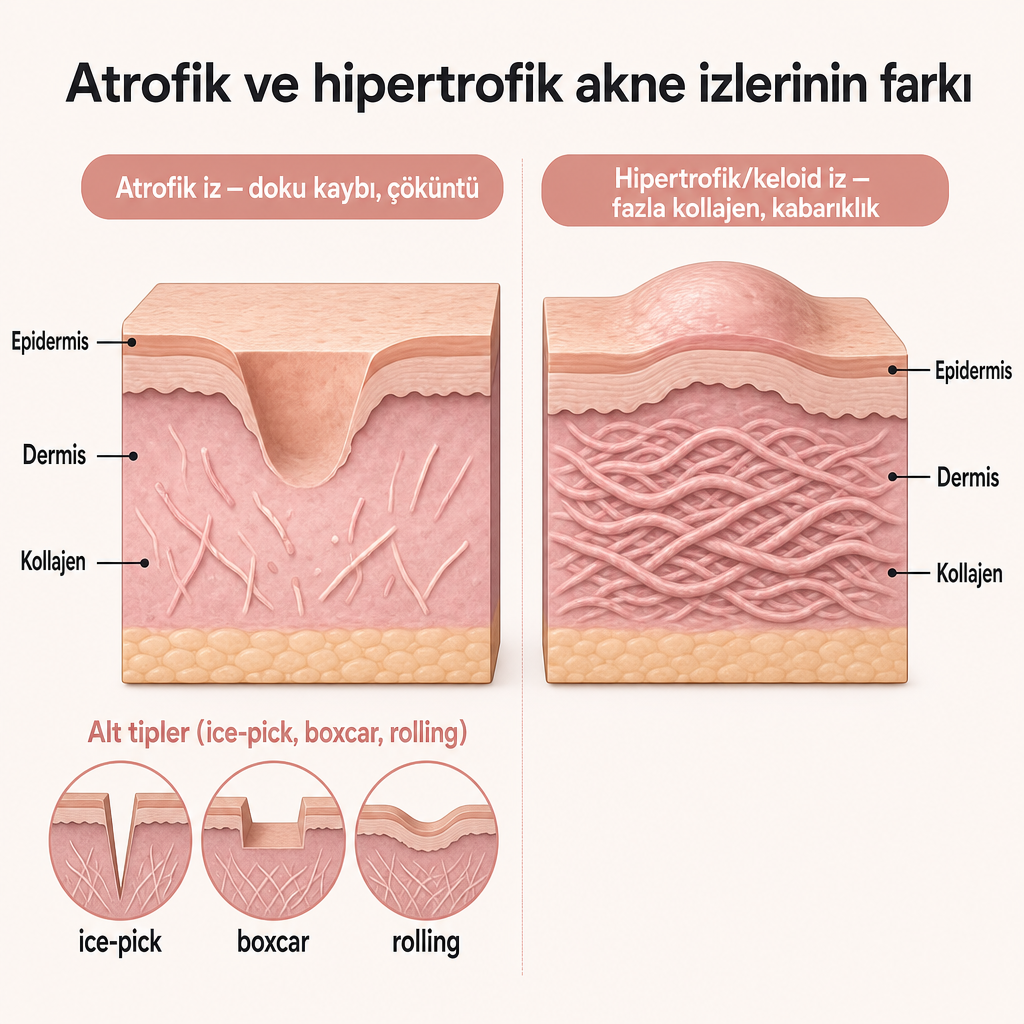 Çökük ve kabarık akne izlerinin cilt kesitindeki farkını gösteren şematik karşılaştırma.