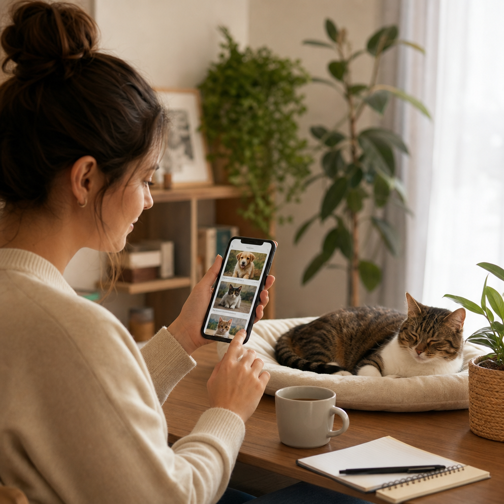 Evde telefonundan sahiplendirme ilanlarını inceleyen bir kişi ve yanında dinlenen bir kedi