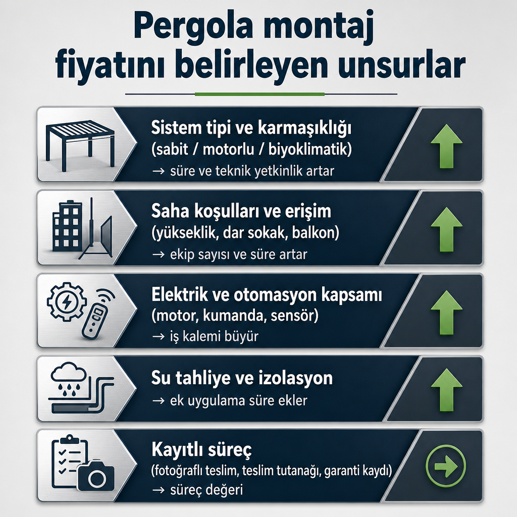 Pergola montaj maliyetini etkileyen beş temel unsuru ve etki yönünü gösteren infografik