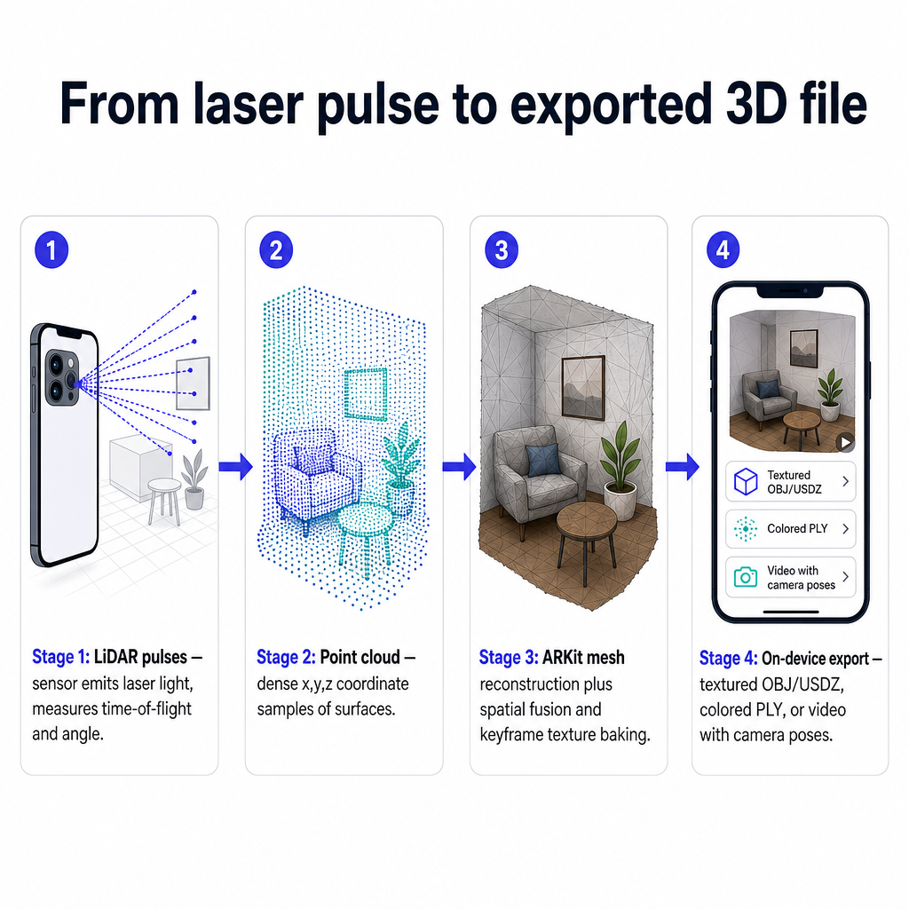 Four-stage diagram showing laser pulses becoming a point cloud, then a fused textured mesh, then exported 3D files on-device.