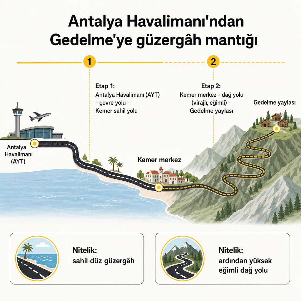 Antalya Havalimanı'ndan sahil yolu ve dağ yolu üzerinden Gedelme'ye uzanan iki etaplı güzergâhı gösteren şema