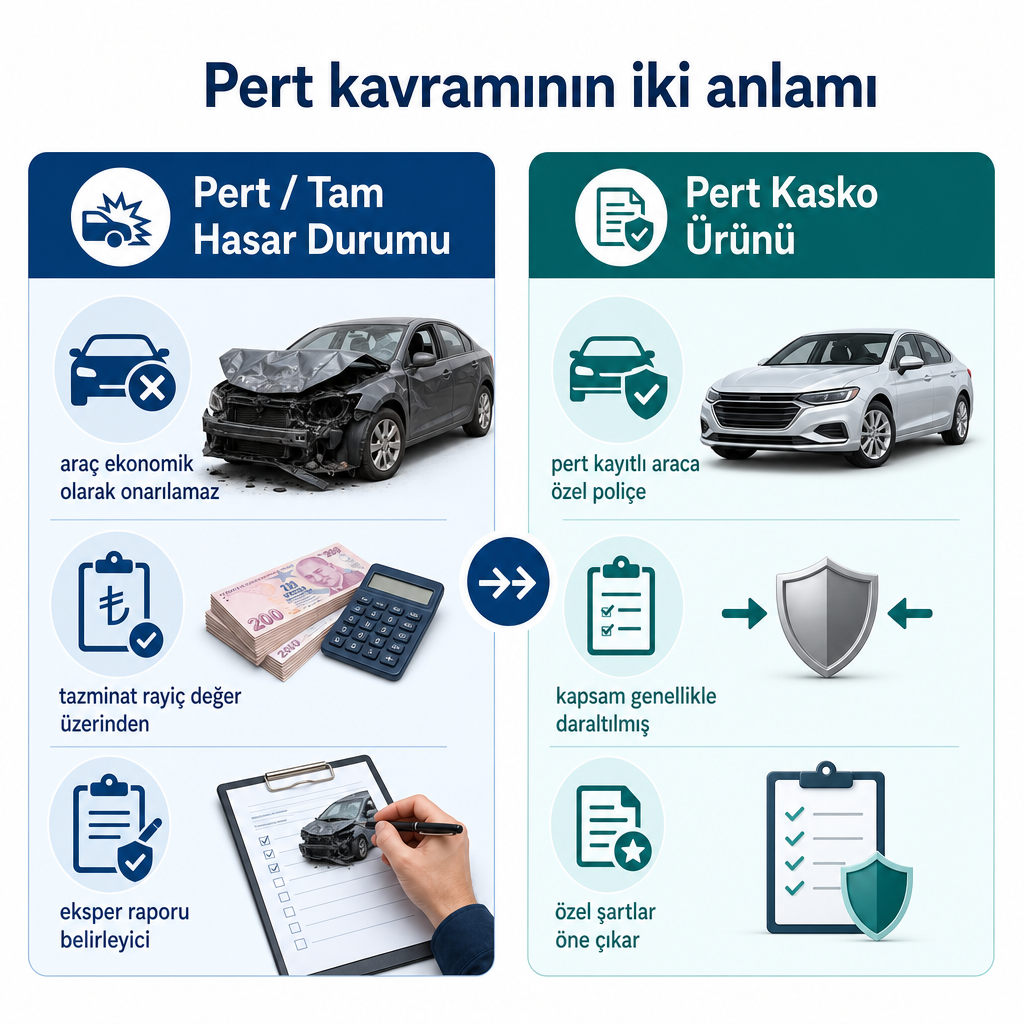 Pert kavramının tam hasar durumu ve pert kayıtlı araç ürünü olarak iki anlamını karşılaştıran görsel.