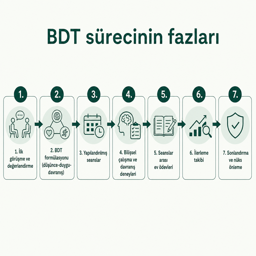 Bilişsel davranışçı terapinin ilk görüşmeden sonlandırmaya kadar yedi fazını gösteren süreç şeması