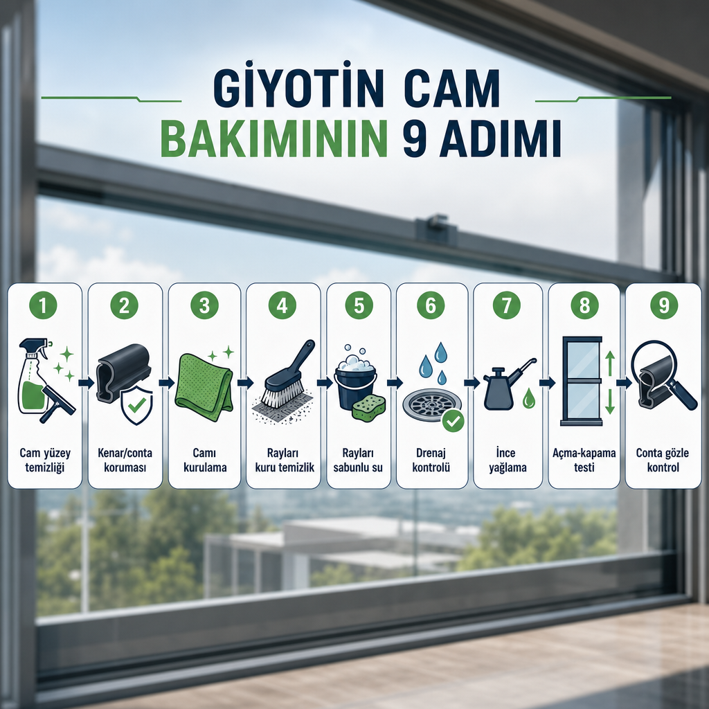 Giyotin cam bakımının dokuz adımını gösteren yatay süreç diyagramı
