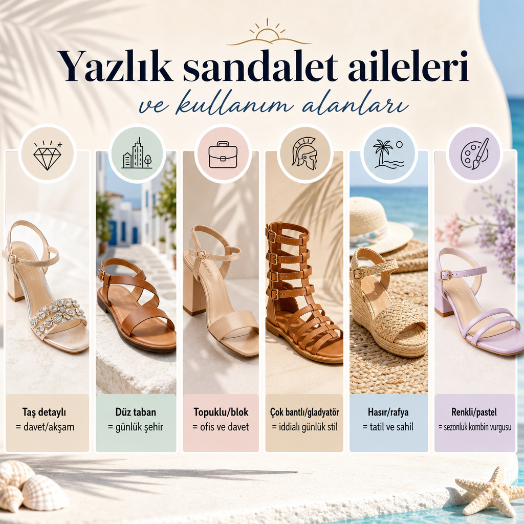 Altı yazlık kadın sandalet model ailesini kullanım alanlarına göre eşleştiren karşılaştırma görseli