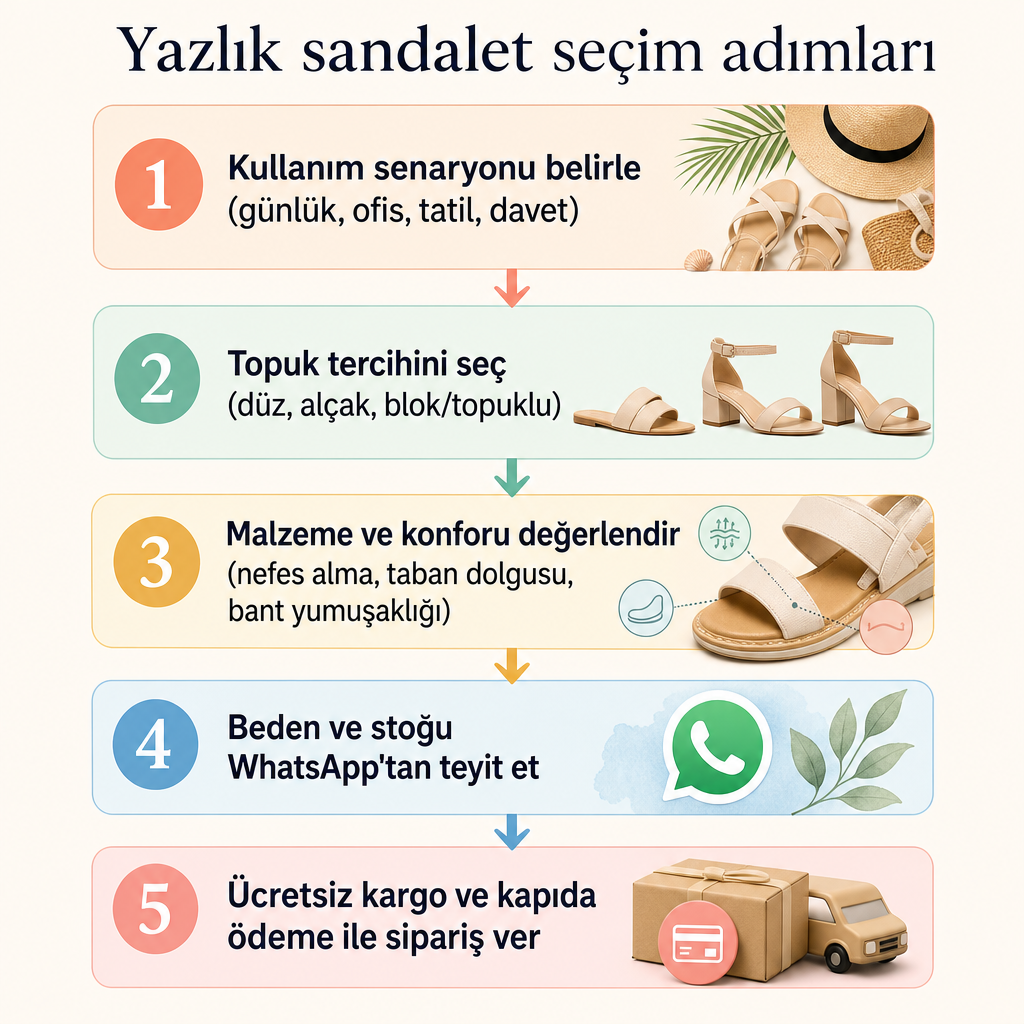 Yazlık sandalet seçimini beş adımda gösteren süreç şeması