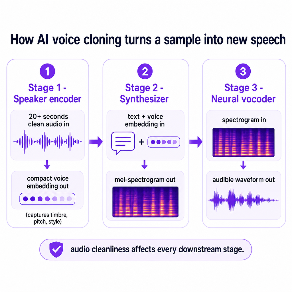 Diagram showing three stages of voice cloning: speaker encoder, synthesizer, and vocoder converting a short sample and text into new speech.