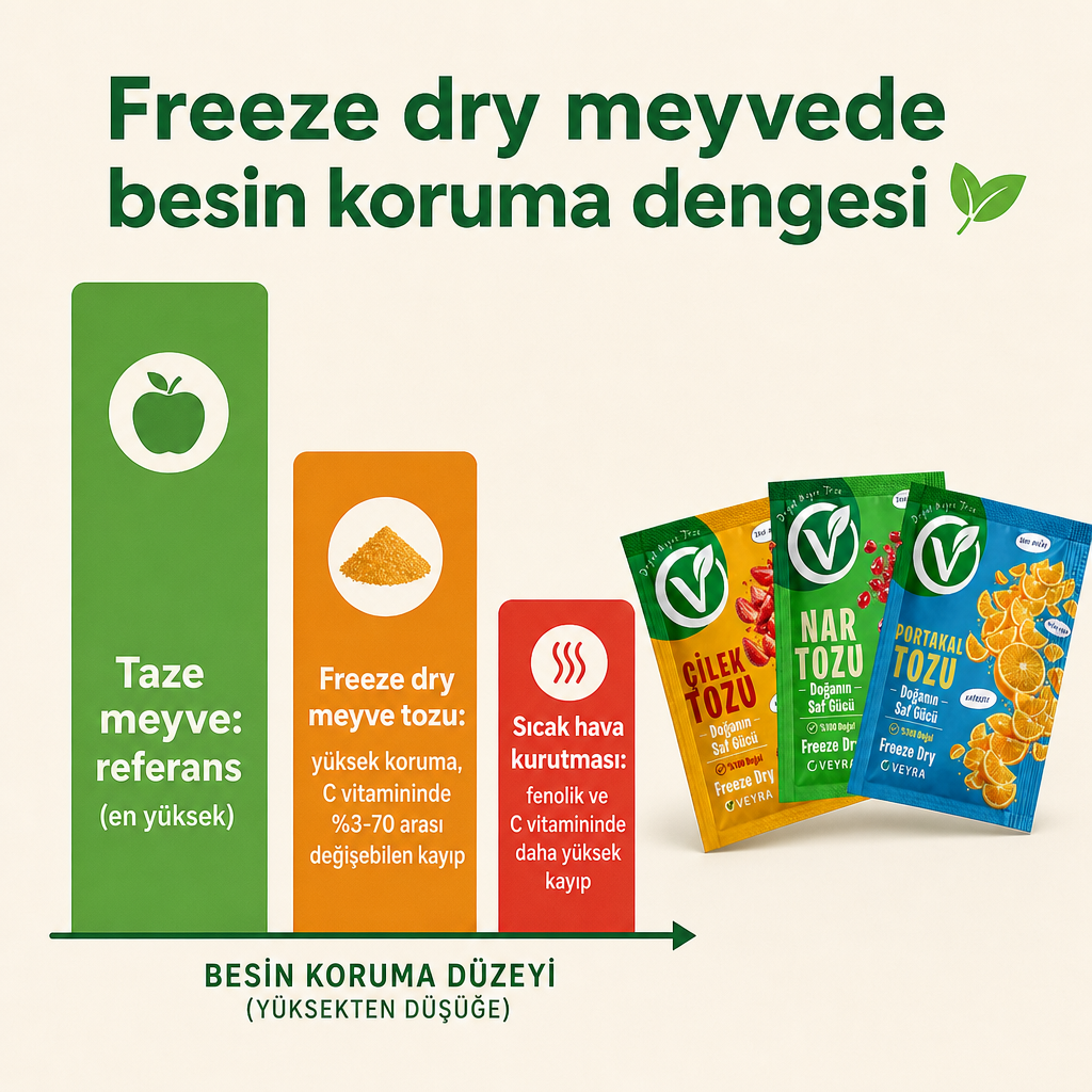 Taze meyve, freeze dry meyve tozu ve sıcak hava kurutması arasında besin koruma düzeyini karşılaştıran kavramsal grafik