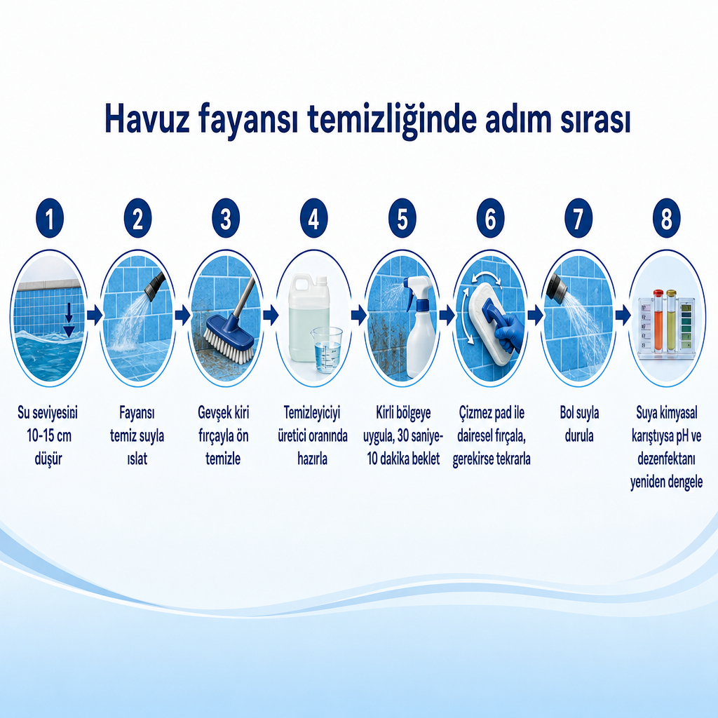 Havuz fayansı temizliğinin sekiz adımını sırayla gösteren süreç diyagramı