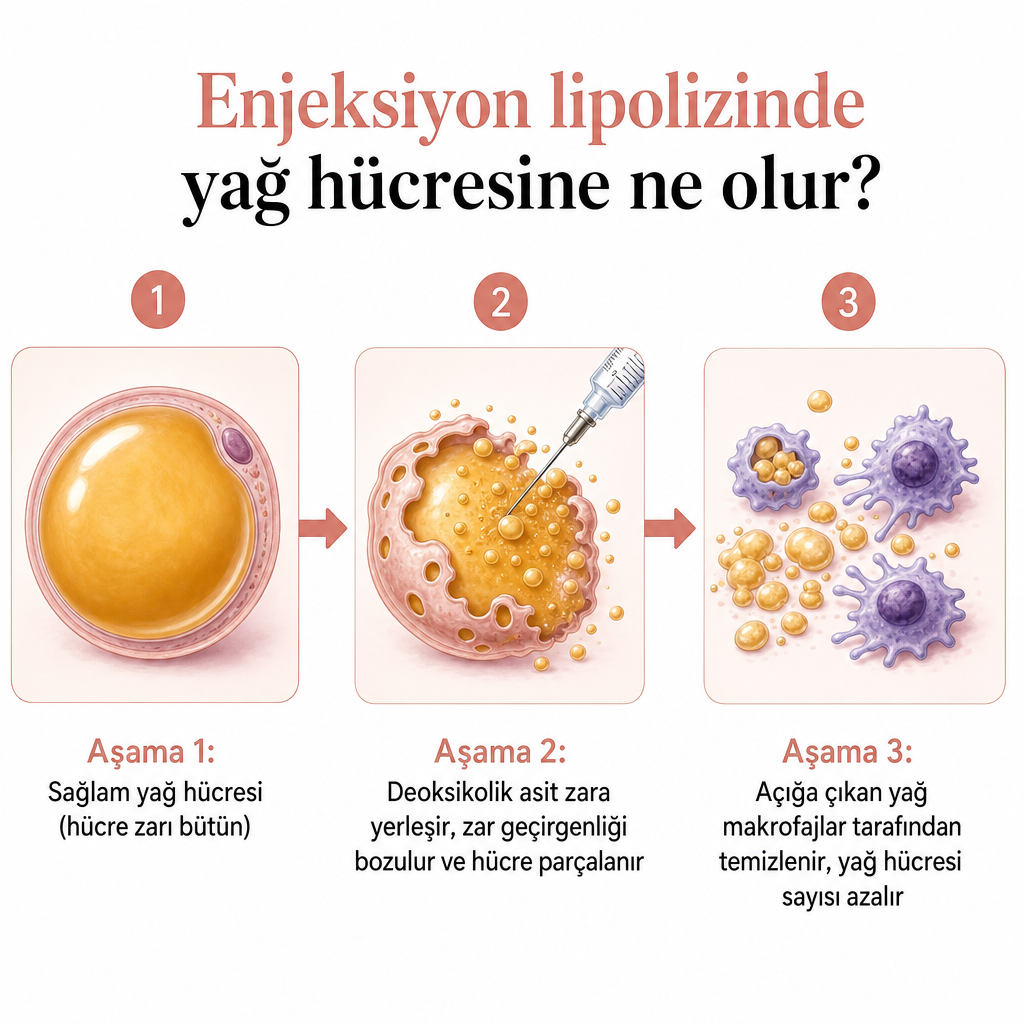 Yağ hücresinin enjeksiyon lipolizi ile parçalanıp temizlendiğini gösteren üç aşamalı kavramsal diyagram