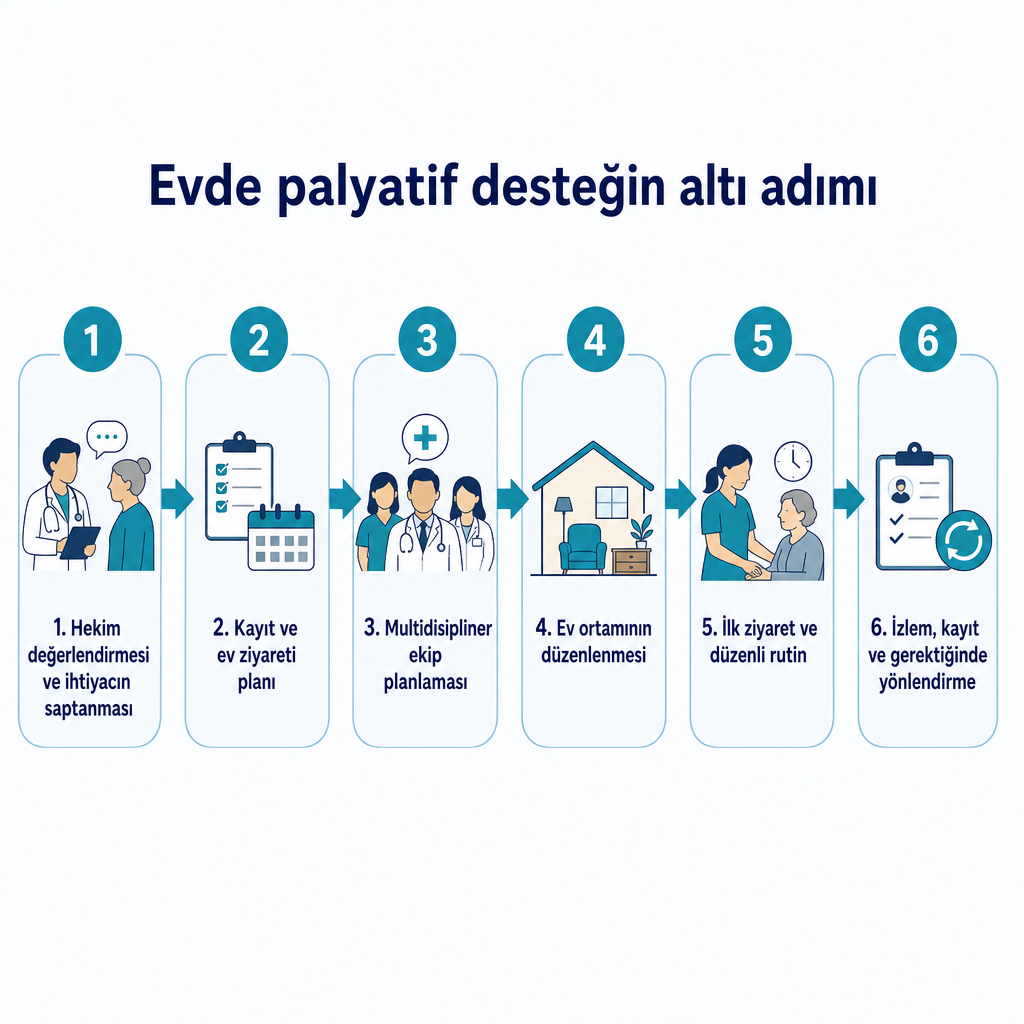 Evde palyatif bakımın hekim değerlendirmesinden izlem ve yönlendirmeye uzanan altı adımlı süreç şeması