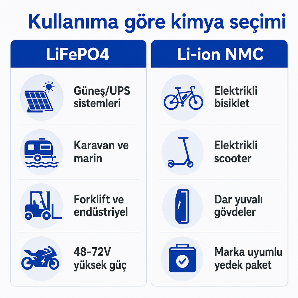 LiFePO4 ve Li-ion NMC kimyalarının tipik kullanım alanlarını gösteren karşılaştırma görseli
