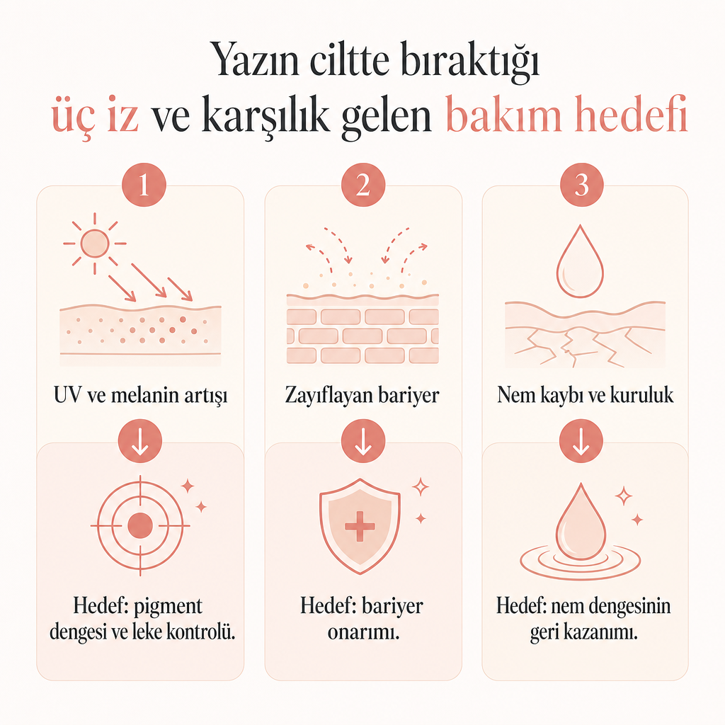 Yazın ciltte bıraktığı üç iz ile bu izlere karşılık gelen üç bakım hedefini eşleştiren kavramsal şema.