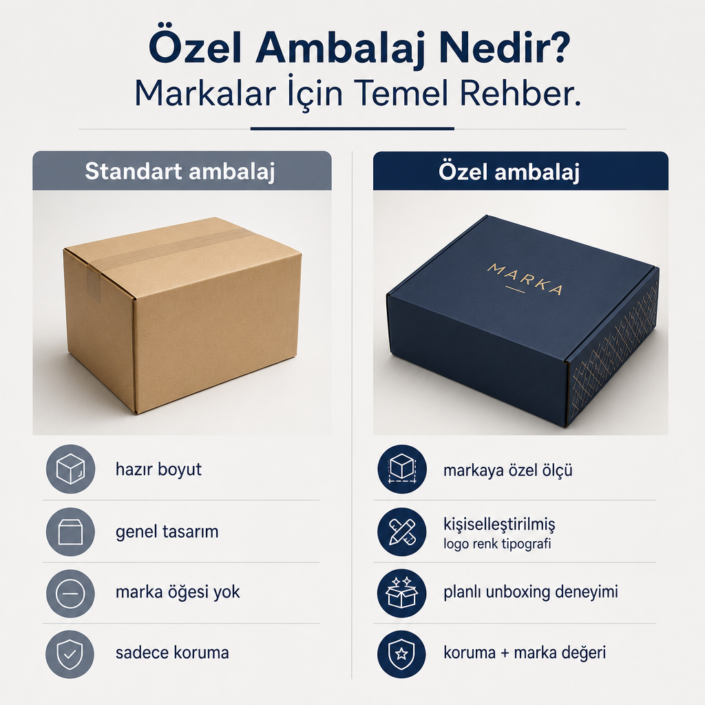 Standart ambalaj ile özel ambalajın özelliklerini karşılaştıran iki sütunlu görsel