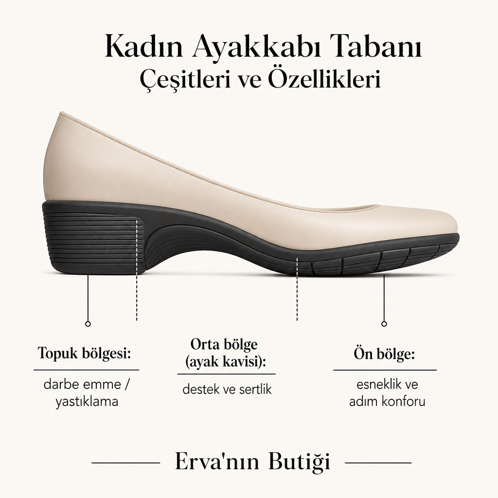 Kadın ayakkabısı tabanının topuk, orta ve ön bölgelerini gösteren etiketli diyagram