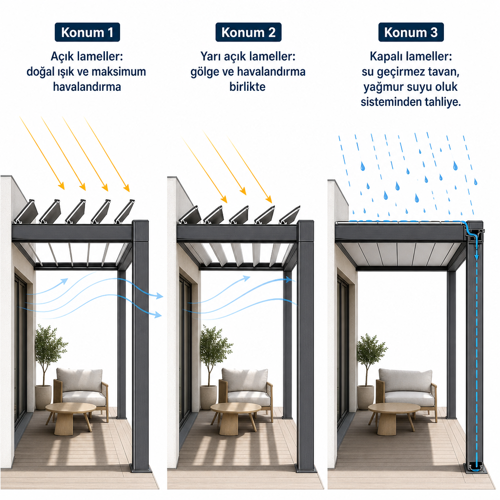 Bioklimatik pergola lamellerinin açık, yarı açık ve kapalı konumlarındaki ışık, hava ve yağmur davranışını gösteren kesit şeması