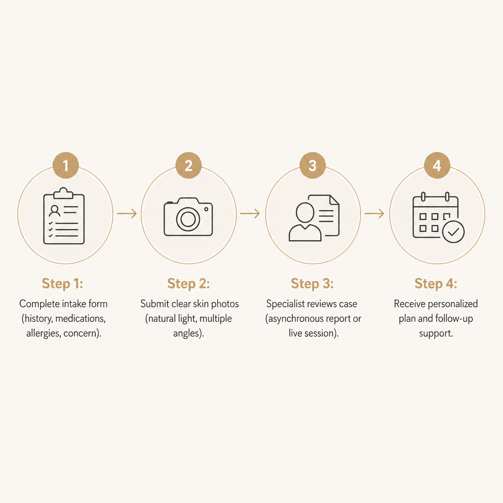 Four-step diagram showing intake form, photo submission, specialist review, and personalized plan with follow-up