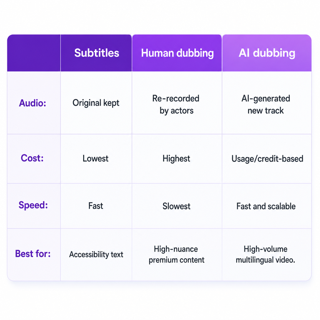 Comparison of subtitles, human dubbing, and AI dubbing across audio, cost, speed, and best use