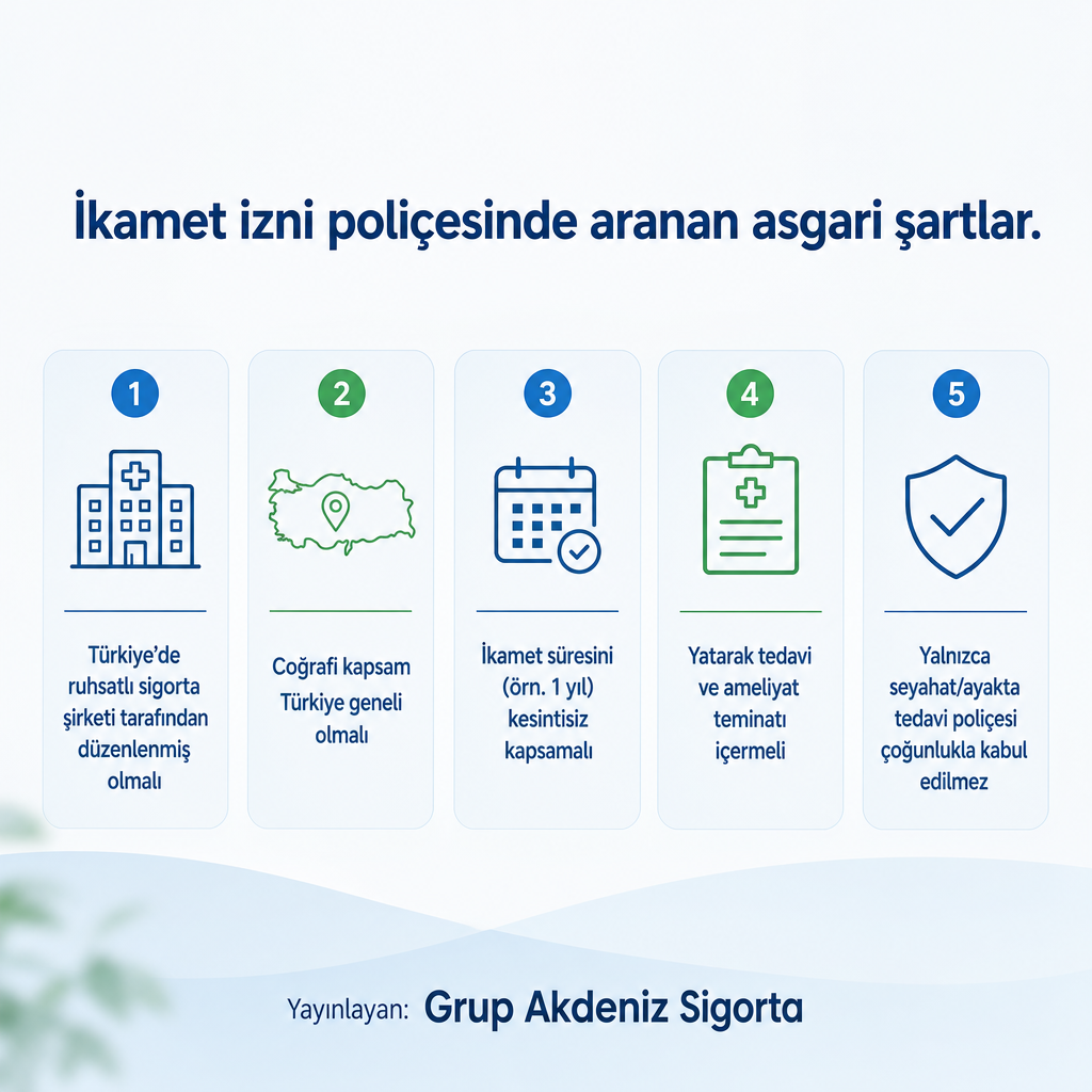 İkamet izni için gerekli yabancı sağlık sigortası asgari şartlarını beş madde halinde gösteren bilgilendirme görseli