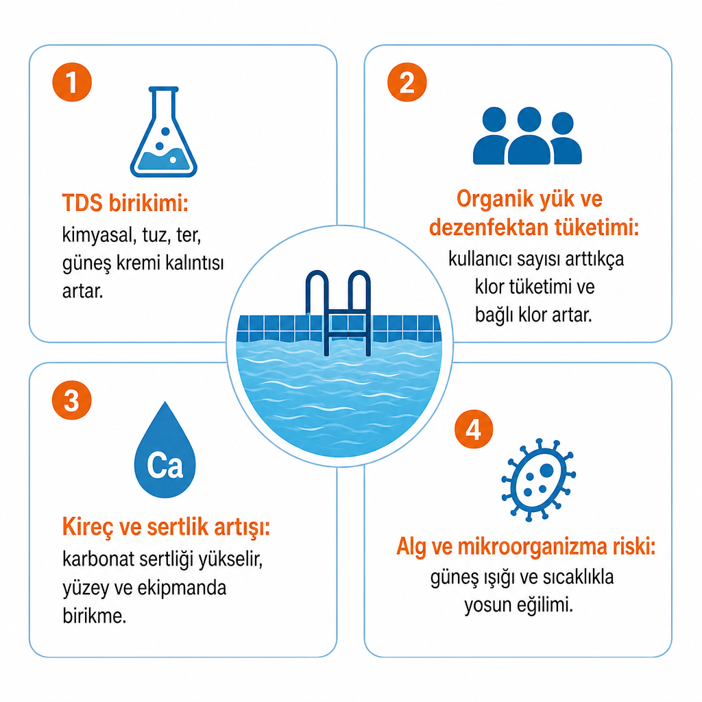 Havuz suyunu eskiten dört mekanizmayı gösteren infografik: TDS birikimi, organik yük, kireç artışı ve alg riski.