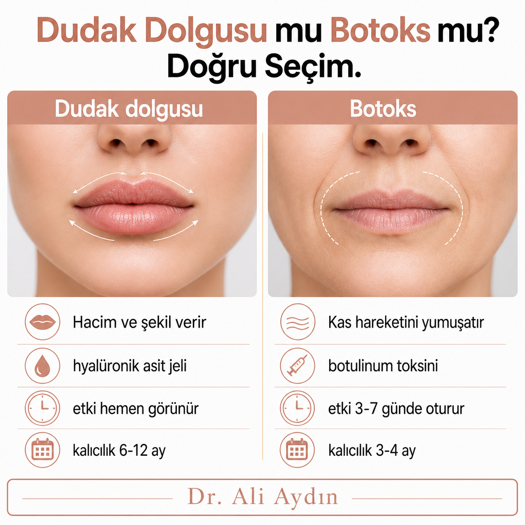 Dudak dolgusu ile dudak çevresi botoksunun mekanizma ve süre farkını gösteren karşılaştırma görseli.