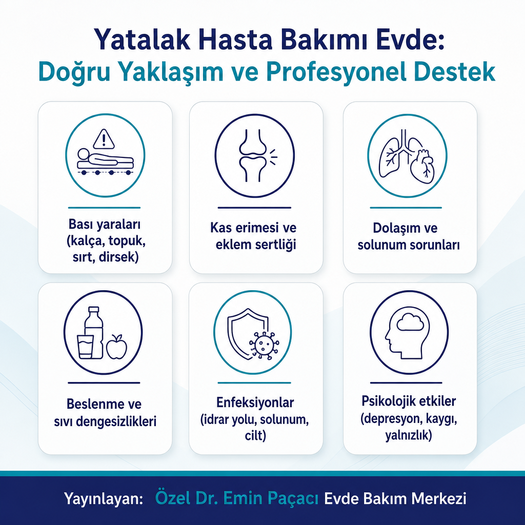 Yatağa bağımlı hastalarda sık görülen altı tıbbi ve psikolojik risk kategorisini gösteren bilgilendirici görsel