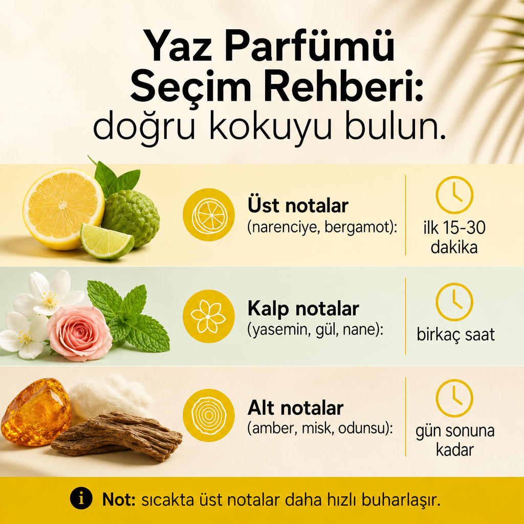 Parfümün üst, kalp ve alt notalarının yaz sıcağında ne kadar süre kaldığını gösteren bilgi grafiği