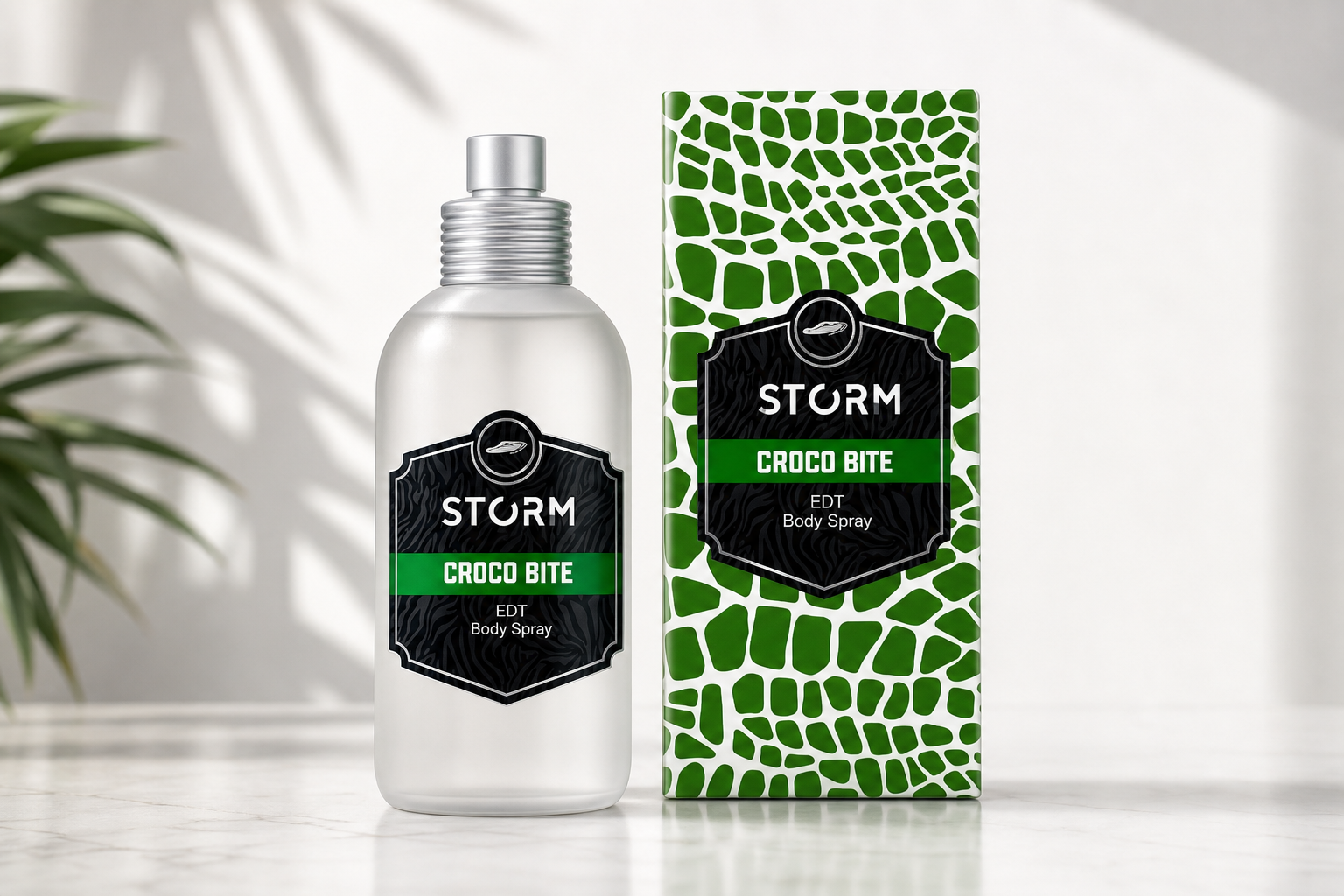 Storm Croco Bite body spray şişesi ve kutusu yan yana, ferah yaz kokusu görseli