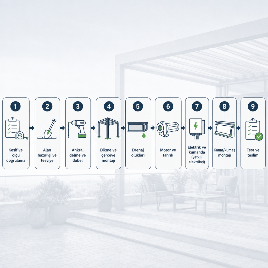 Motorlu pergola kurulumunun dokuz aşamasını sırayla gösteren süreç şeması