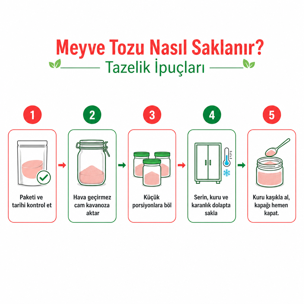Meyve tozu saklamanın beş adımlık akışını gösteren infografik