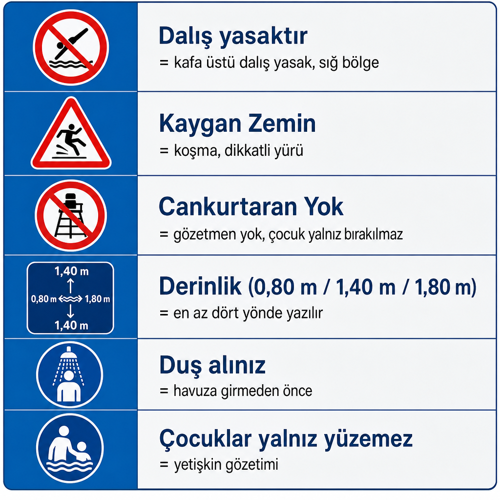 Havuzda en yaygın altı uyarı işaretini ve anlamlarını gösteren infografik