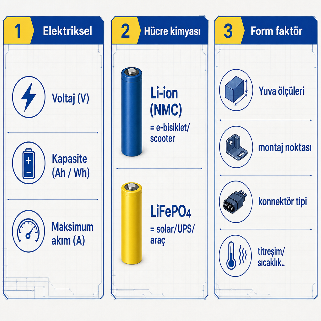 Özel batarya paketi kararını elektriksel, kimyasal ve mekanik olarak üç eksende gösteren karşılaştırma görseli.