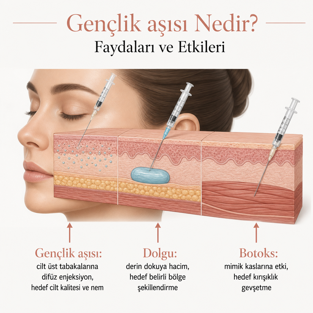 Gençlik aşısının cilt dokusuna, dolgunun hacme, botoksun mimik kaslarına etki ettiğini gösteren şema
