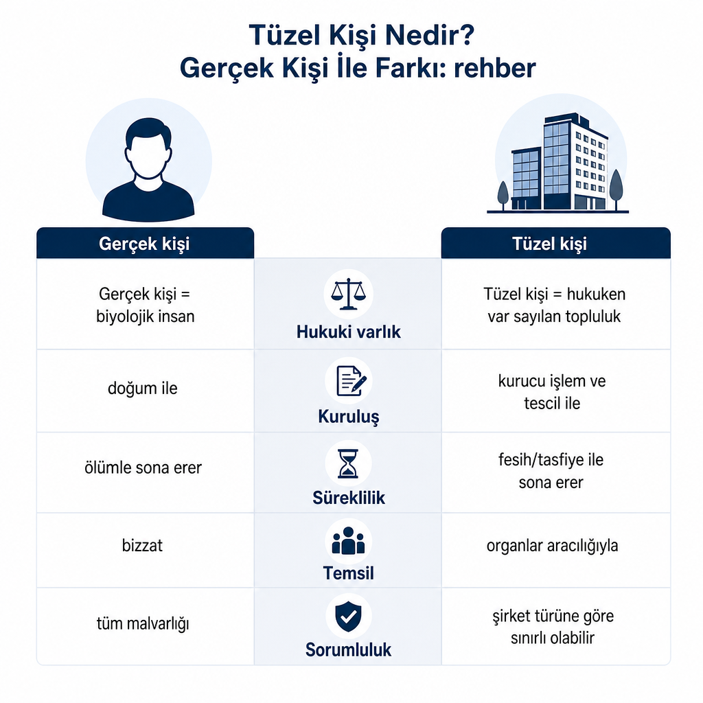 Gerçek kişi ile tüzel kişinin kuruluş, temsil ve sorumluluk açısından karşılaştırıldığı görsel
