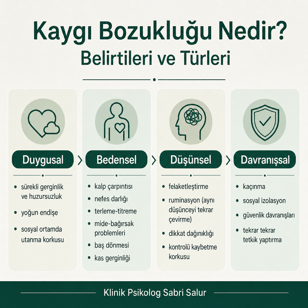 Kaygı bozukluğunun duygusal, bedensel, düşünsel ve davranışsal belirtilerini gösteren dört bölmeli bilgi grafiği