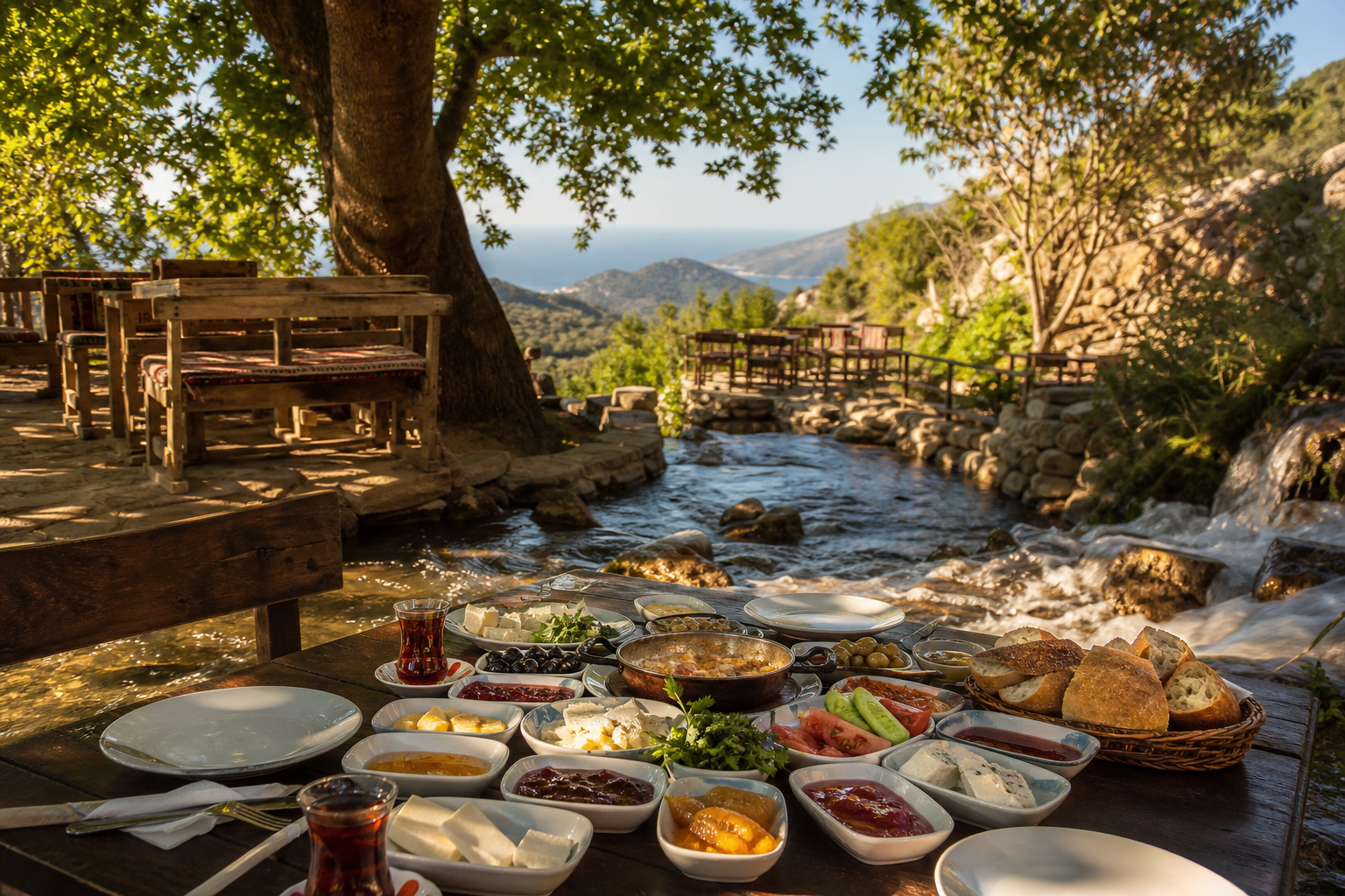 Traditional spread-style village breakfast table with numerous small plates set up under the shade of a plane tree in İslamlar village