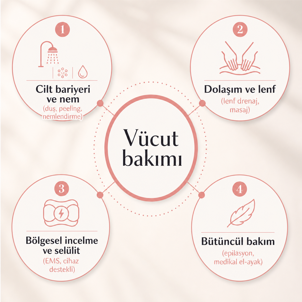 Vücut bakımının dört ana başlığını gösteren infografik: cilt bariyeri, dolaşım-lenf, bölgesel incelme, bütüncül bakım.