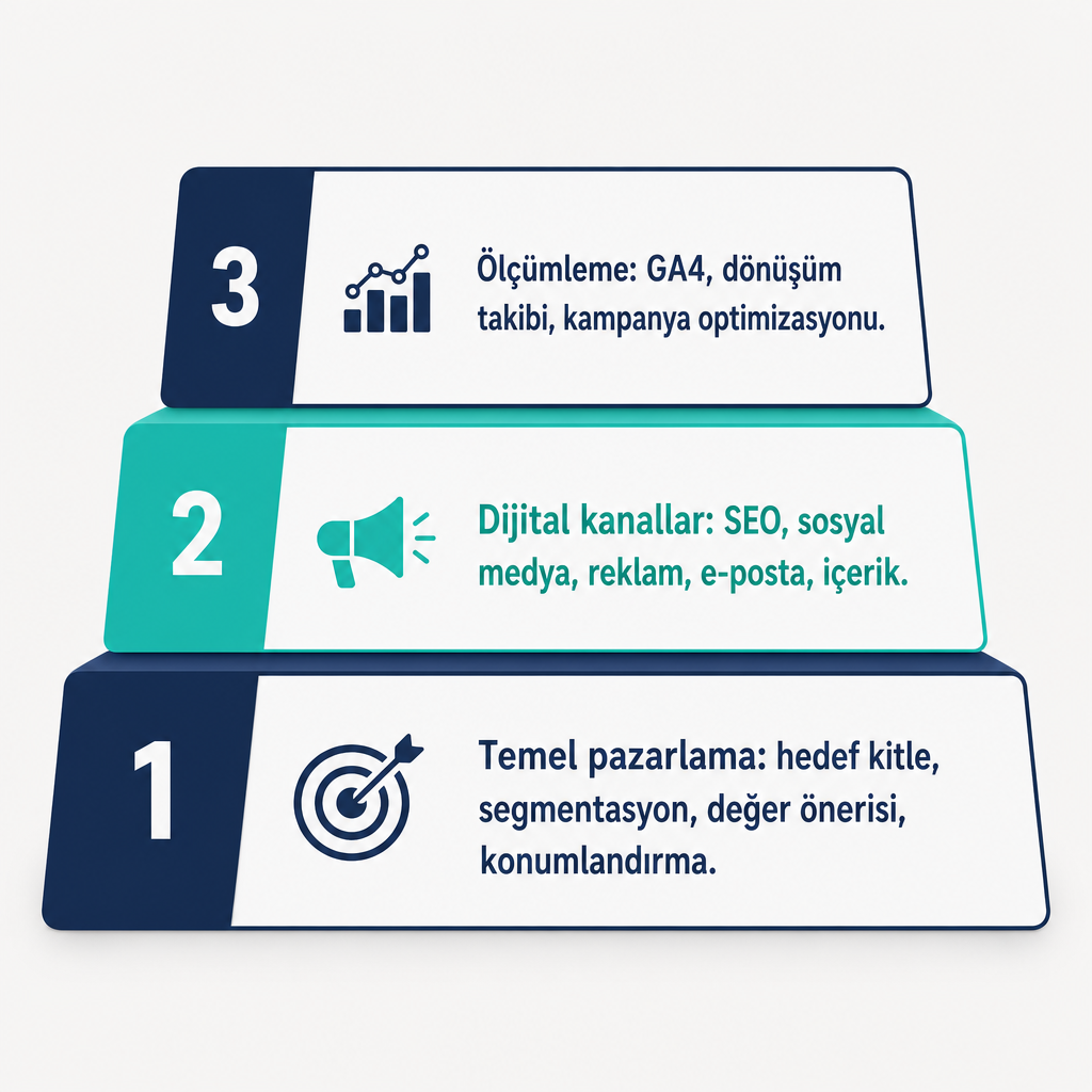 Pazarlama eğitiminin temel pazarlama, dijital kanallar ve ölçümleme katmanlarını gösteren diyagram