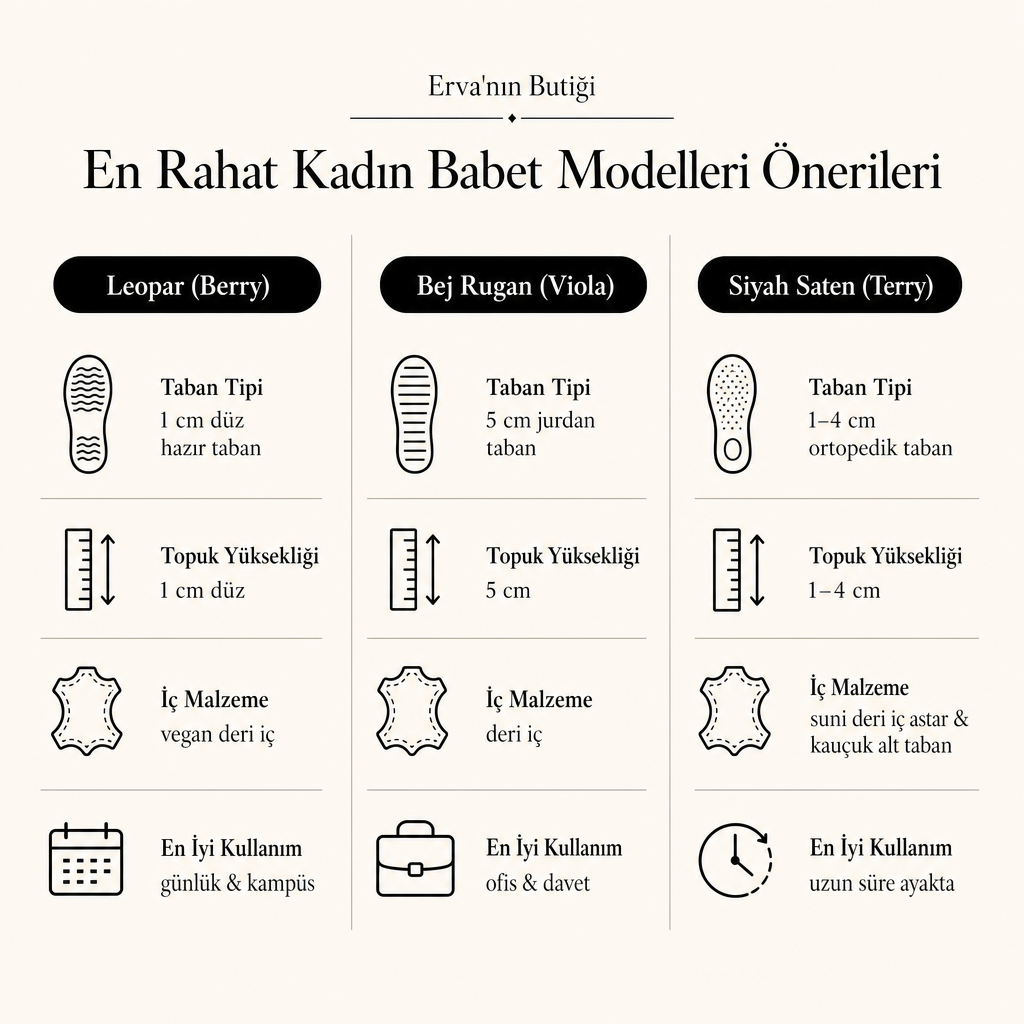 Üç babet modelinin taban tipi, topuk yüksekliği, iç materyal ve kullanım senaryosuna göre karşılaştırıldığı görsel