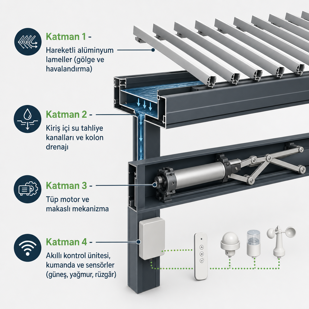 Akıllı pergola çatısını oluşturan lamel, drenaj, motor ve kontrol katmanlarını gösteren diyagram