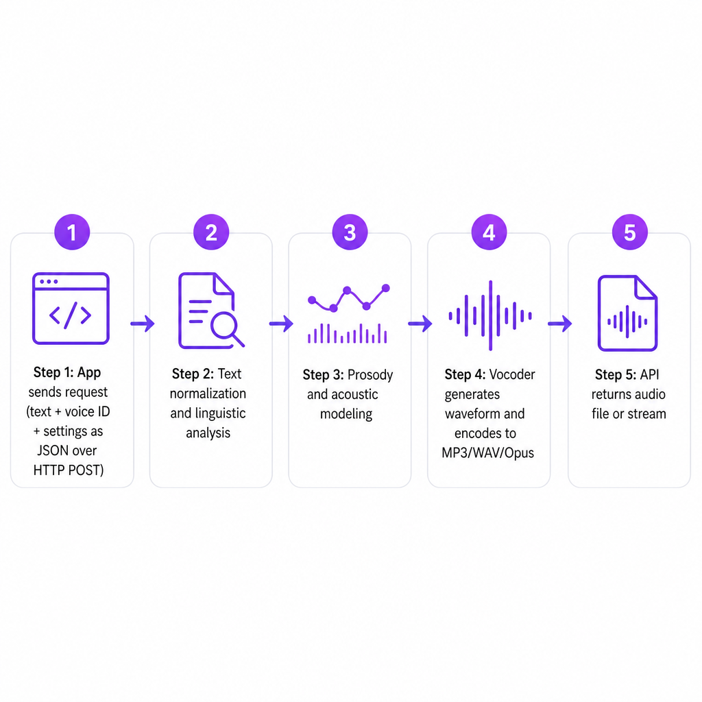 Five-step diagram showing how a text to speech API turns a text request into returned audio