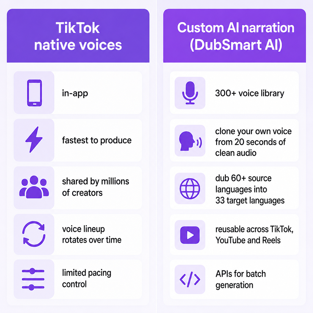 Side-by-side comparison of TikTok's built-in text to speech voices and custom AI narration features