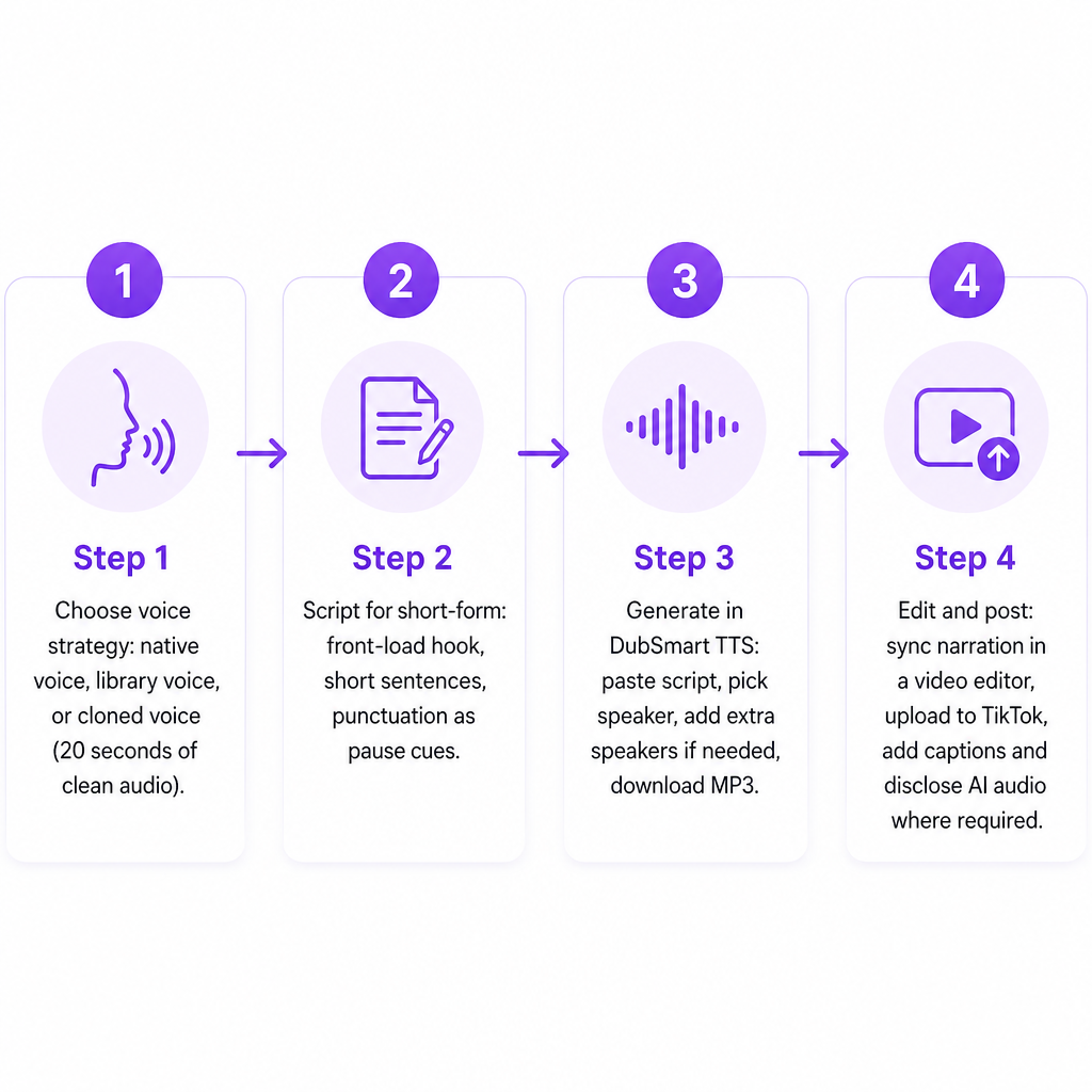 Four-step process from choosing a voice strategy to posting a finished TikTok