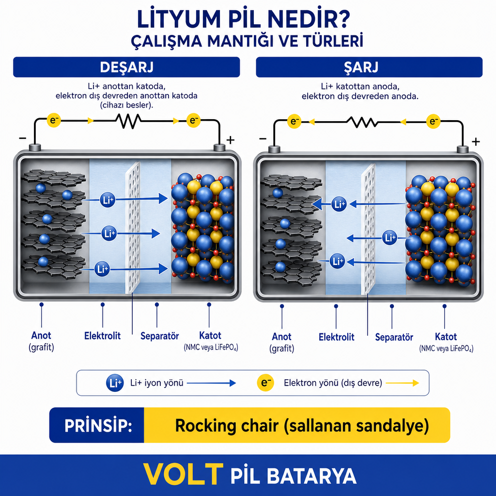 Lityum‑iyon hücrede şarj ve deşarj sırasında lityum iyonlarının ve elektronların hareket yönünü gösteren şema.