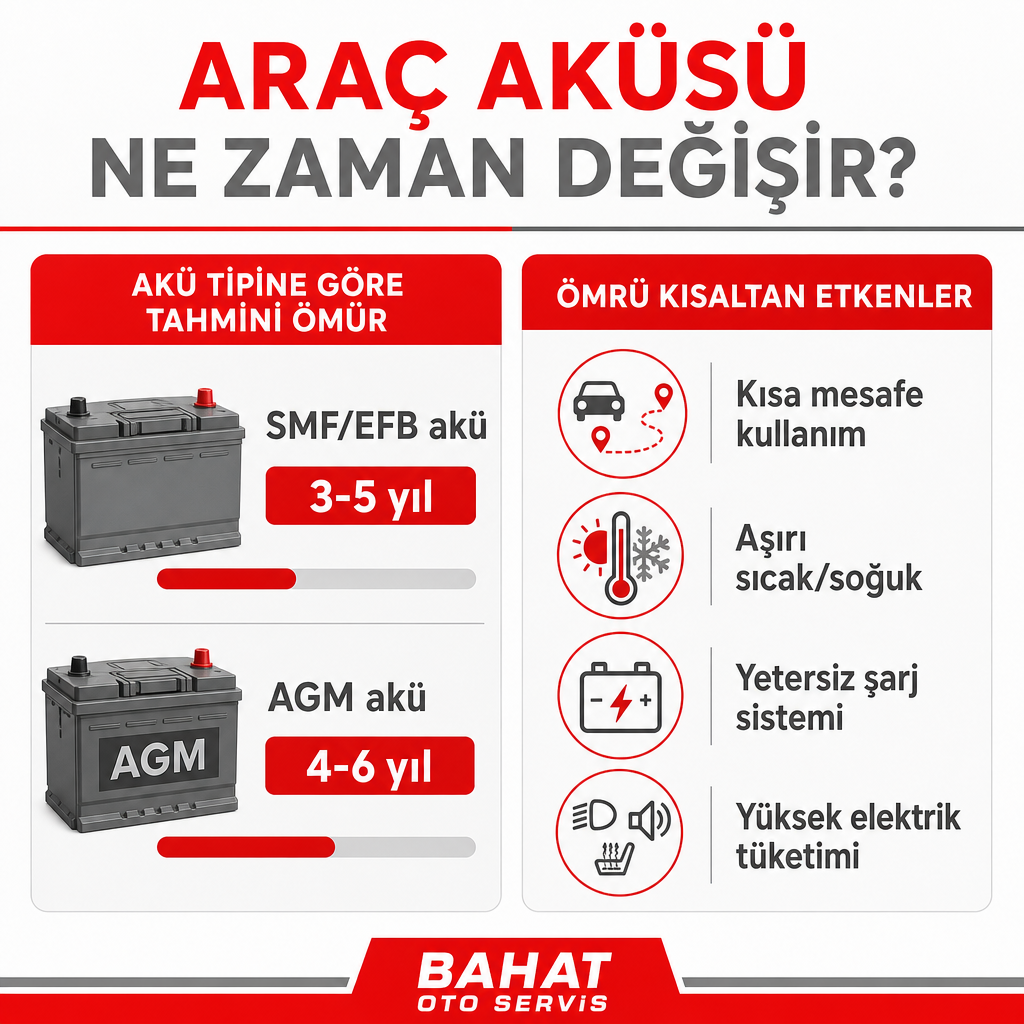 SMF/EFB akülerin 3-5 yıl, AGM akülerin 4-6 yıl dayandığını ve dört ana etkenin ömrü kısalttığını gösteren bilgi grafiği