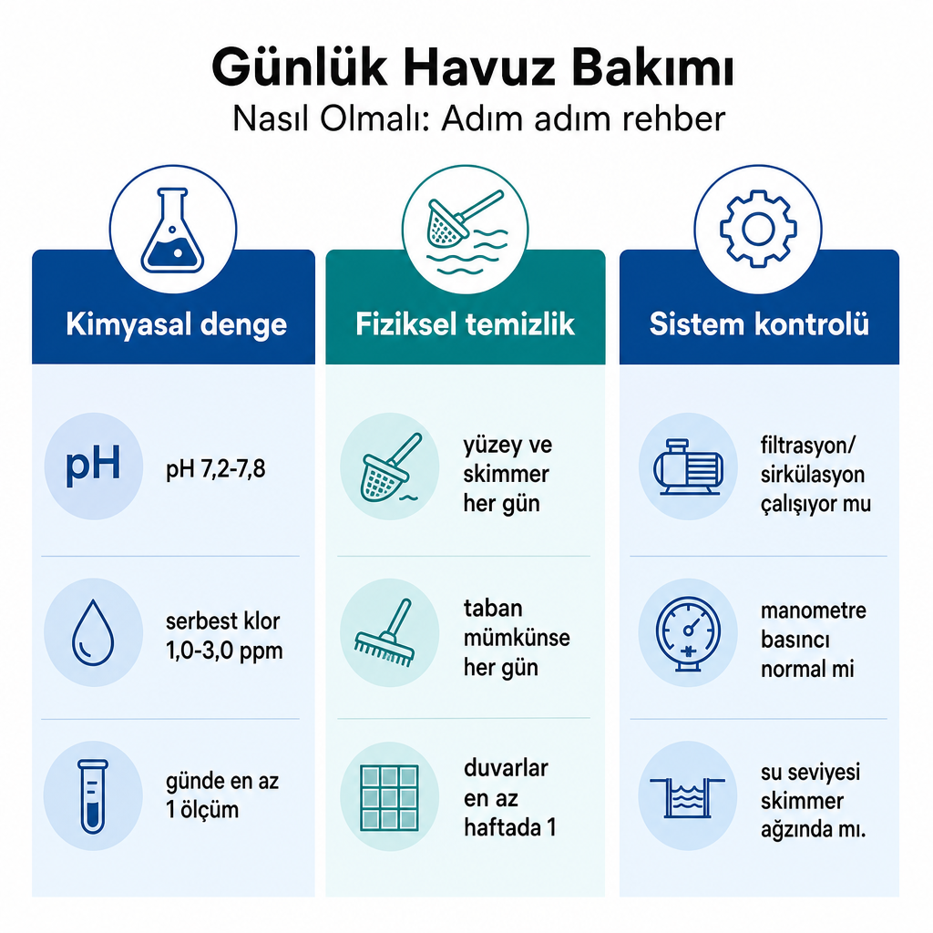 Günlük havuz bakımının kimyasal denge, fiziksel temizlik ve sistem kontrolü eksenlerini ve temel değerleri gösteren infografik