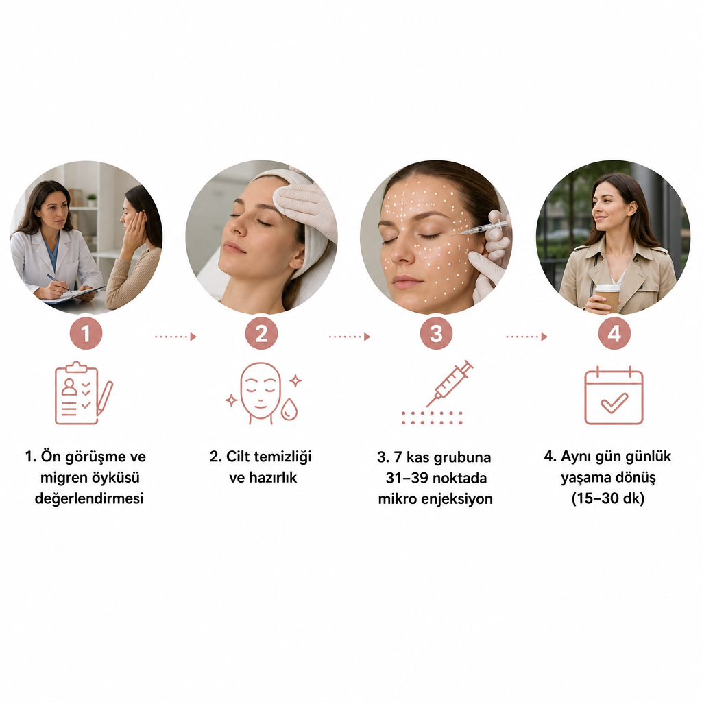 Migren botoksu seansının dört ana adımını gösteren süreç infografiği