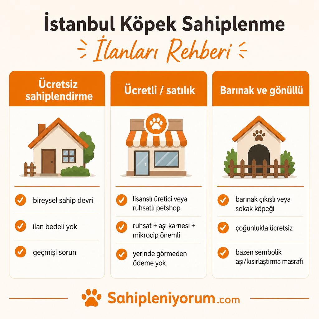 İstanbul'daki üç köpek ilan tipini avantaj ve dikkat noktalarıyla karşılaştıran görsel