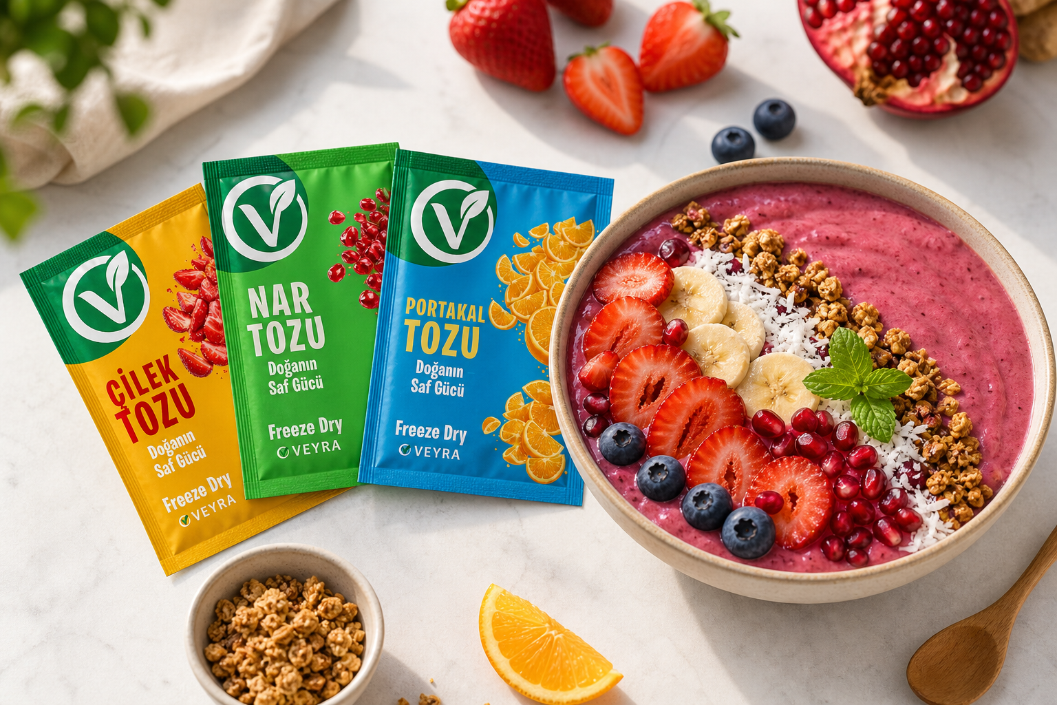 Beyaz zemin üzerinde çilek, nar ve portakal tozu paketleri ve yanında renkli bir smoothie bowl