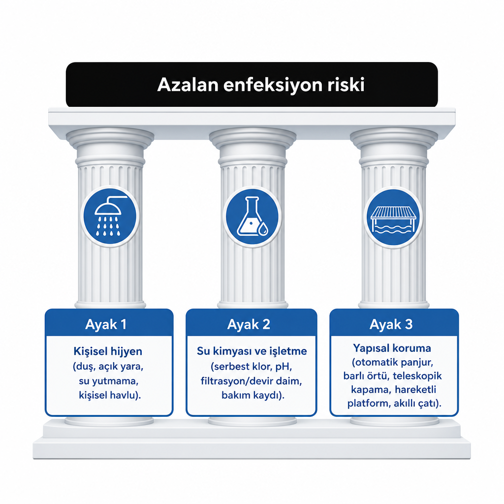 Havuz hijyenini oluşturan üç ayağı gösteren diyagram: kişisel hijyen, su kimyası ve yapısal koruma.